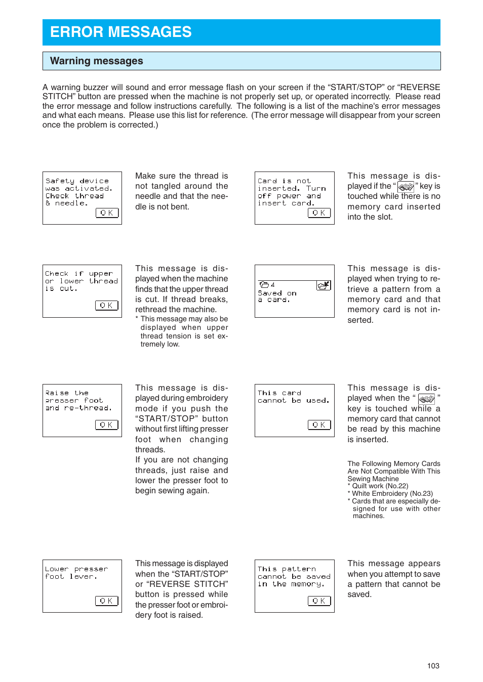 Error messages, Warning messages | Brother PE 400D User Manual | Page 106 / 112