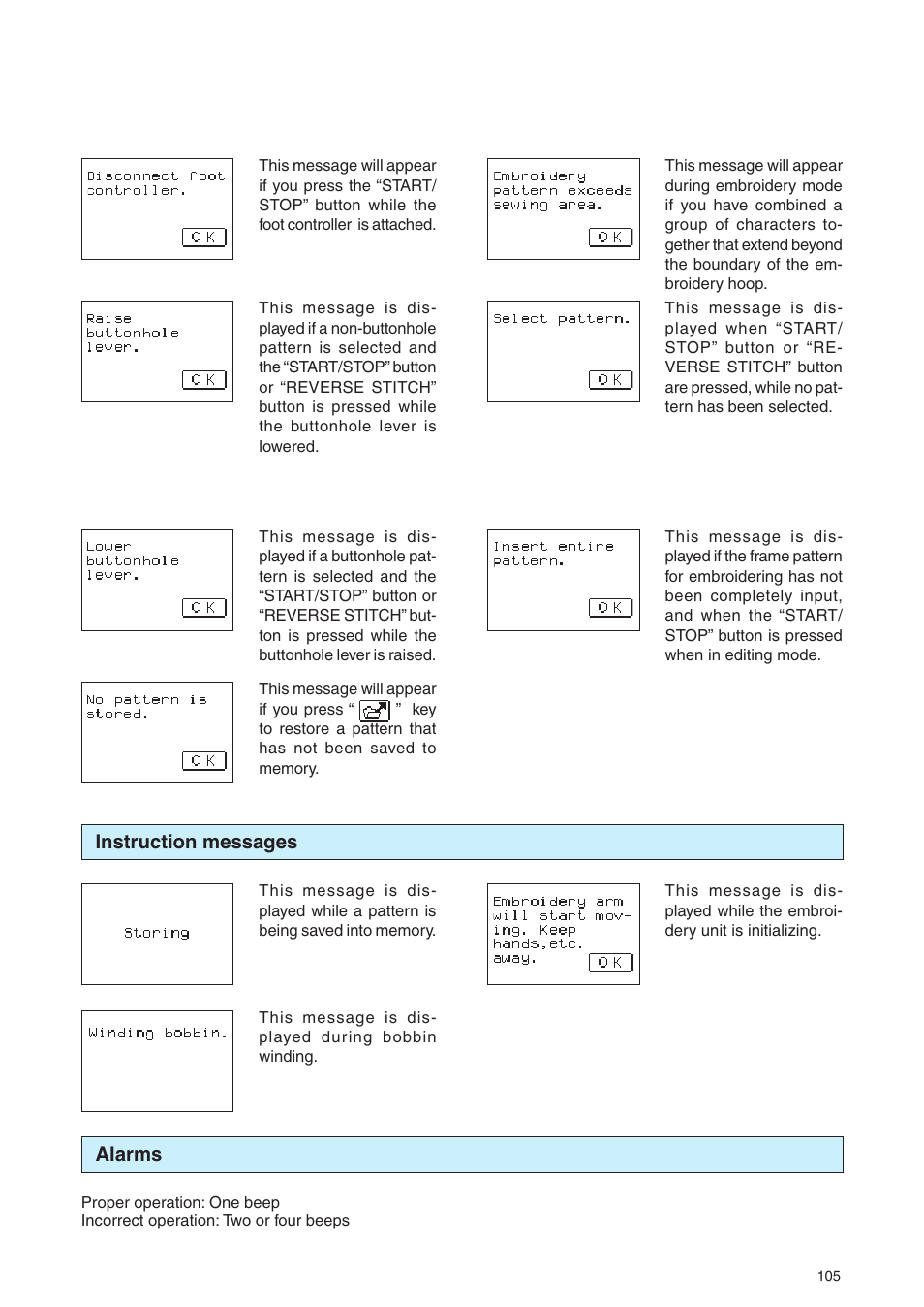 Instruction messages, Alarms | Brother PE 400D User Manual | Page 108 / 112