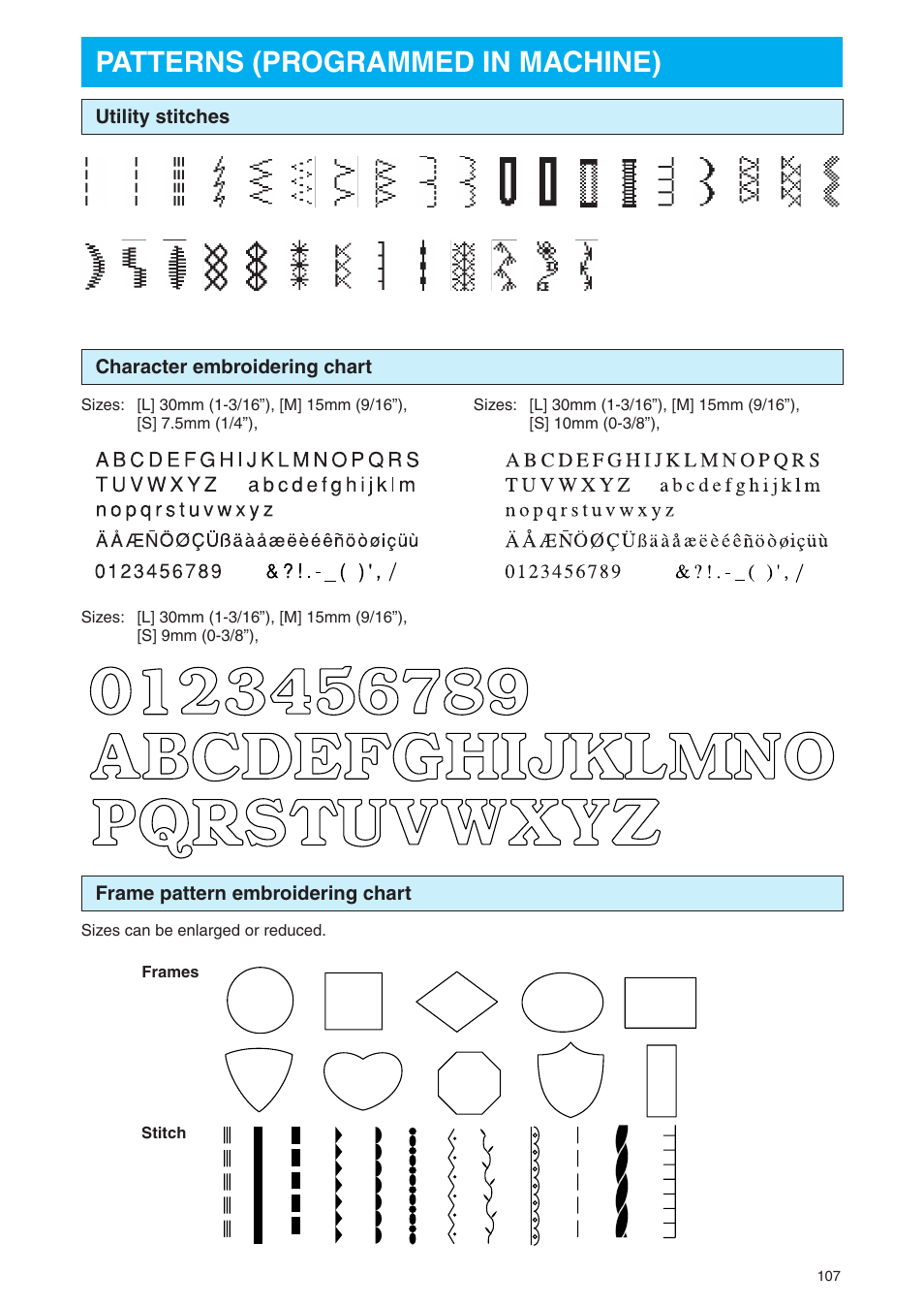 Patterns (programmed in machine) | Brother PE 400D User Manual | Page 110 / 112