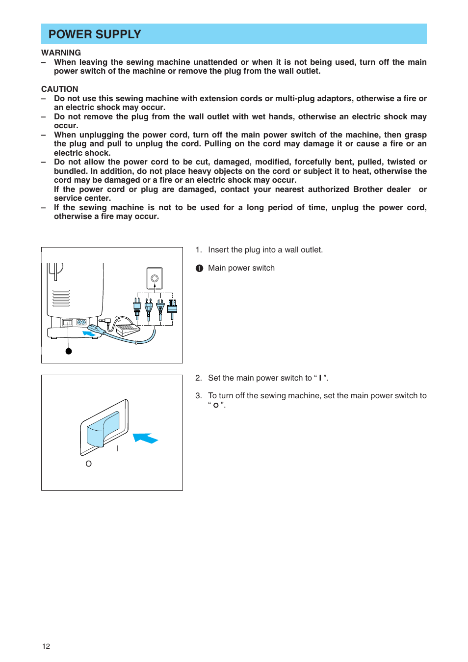 Power supply | Brother PE 400D User Manual | Page 15 / 112