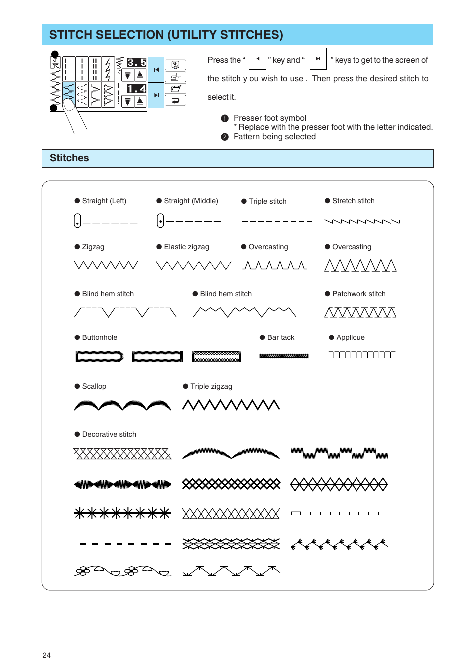 Stitch selection (utility stitches), Stitches | Brother PE 400D User Manual | Page 27 / 112