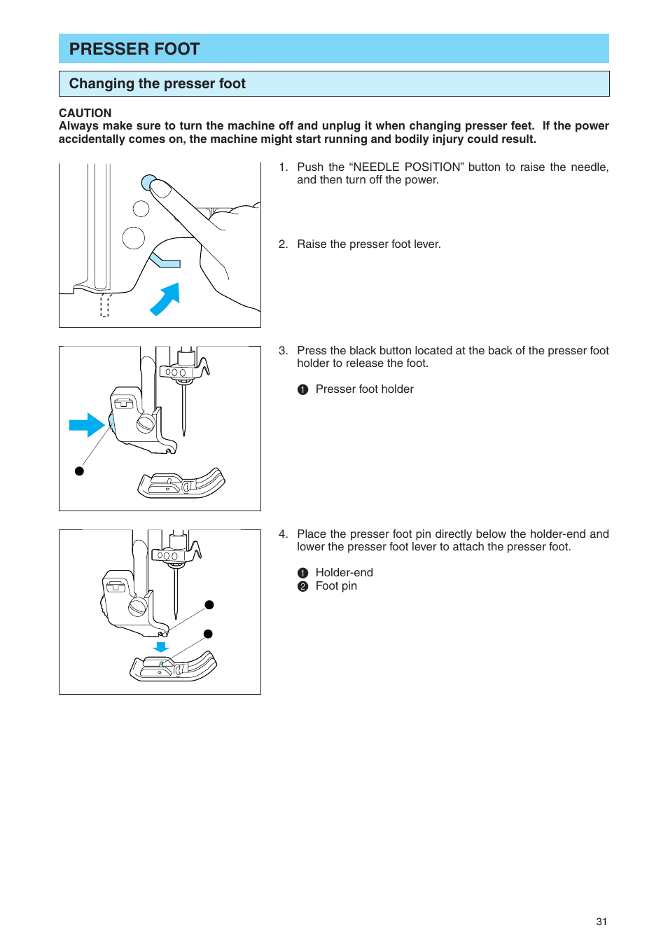 Presser foot | Brother PE 400D User Manual | Page 34 / 112