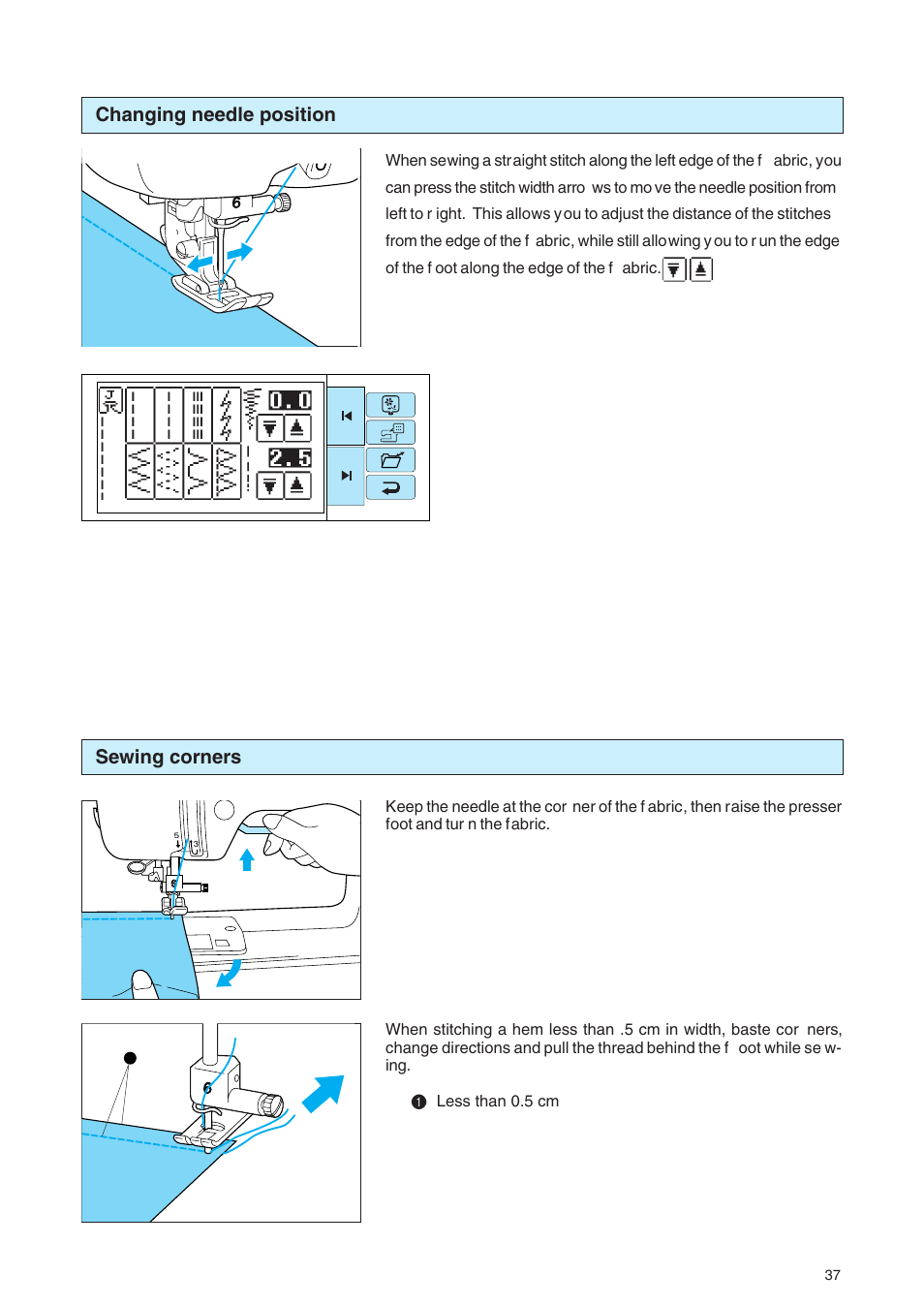 Changing needle position sewing corners | Brother PE 400D User Manual | Page 40 / 112