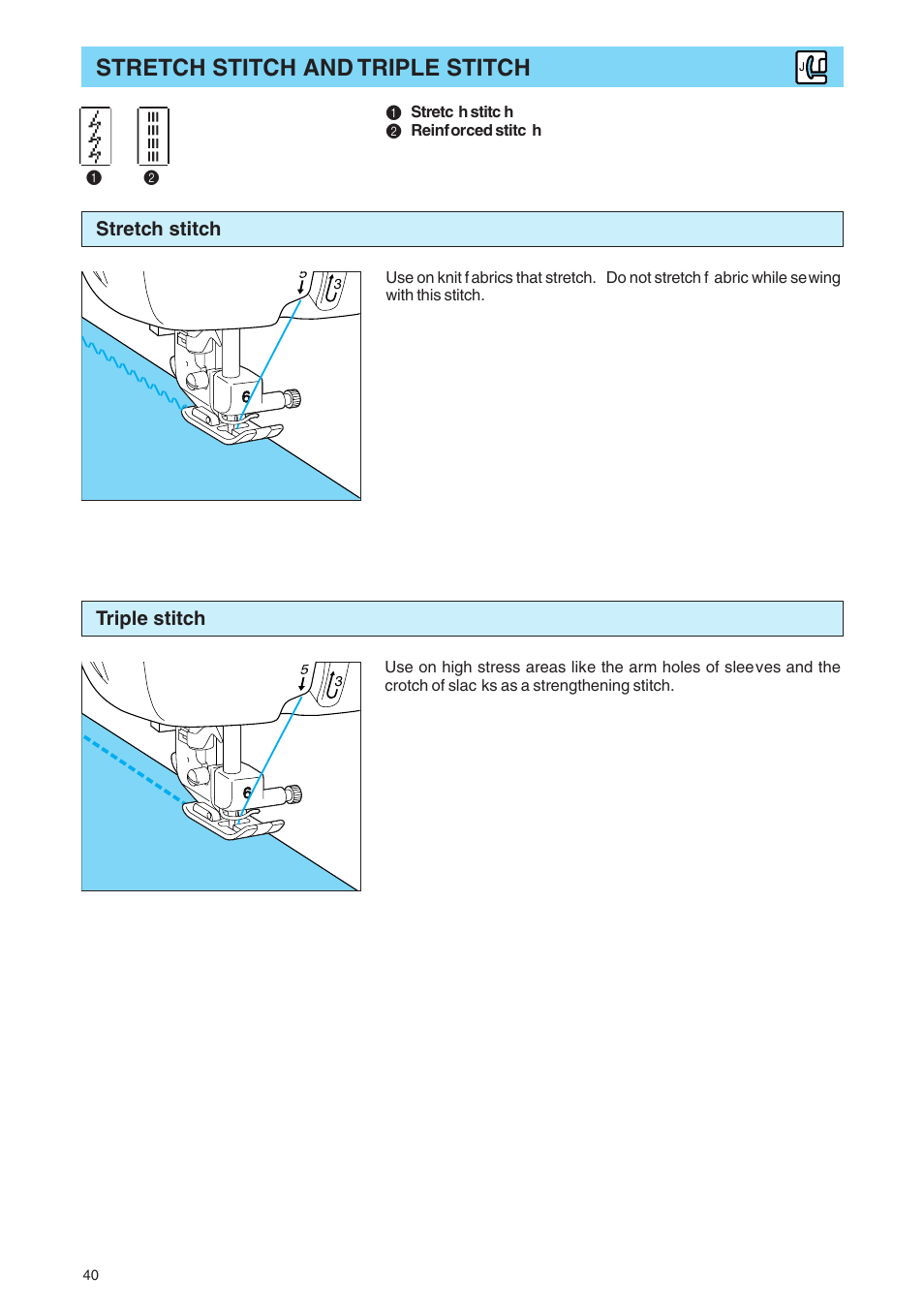 Stretch stitch and triple stitch, Stretch stitch triple stitch | Brother PE 400D User Manual | Page 43 / 112