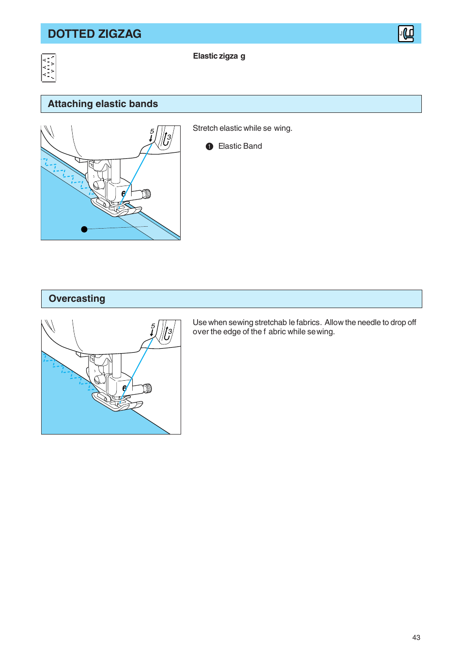 Dotted zigzag, Attaching elastic bands overcasting | Brother PE 400D User Manual | Page 46 / 112