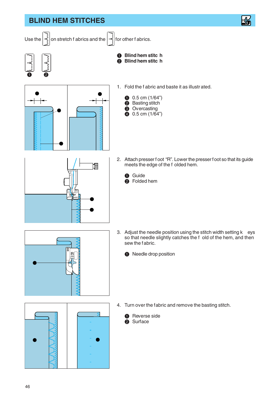 Blind hem stitches | Brother PE 400D User Manual | Page 49 / 112