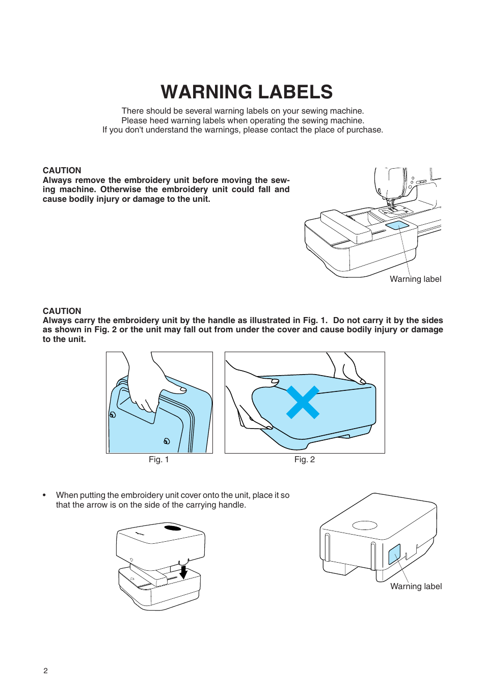 Warning labels | Brother PE 400D User Manual | Page 5 / 112