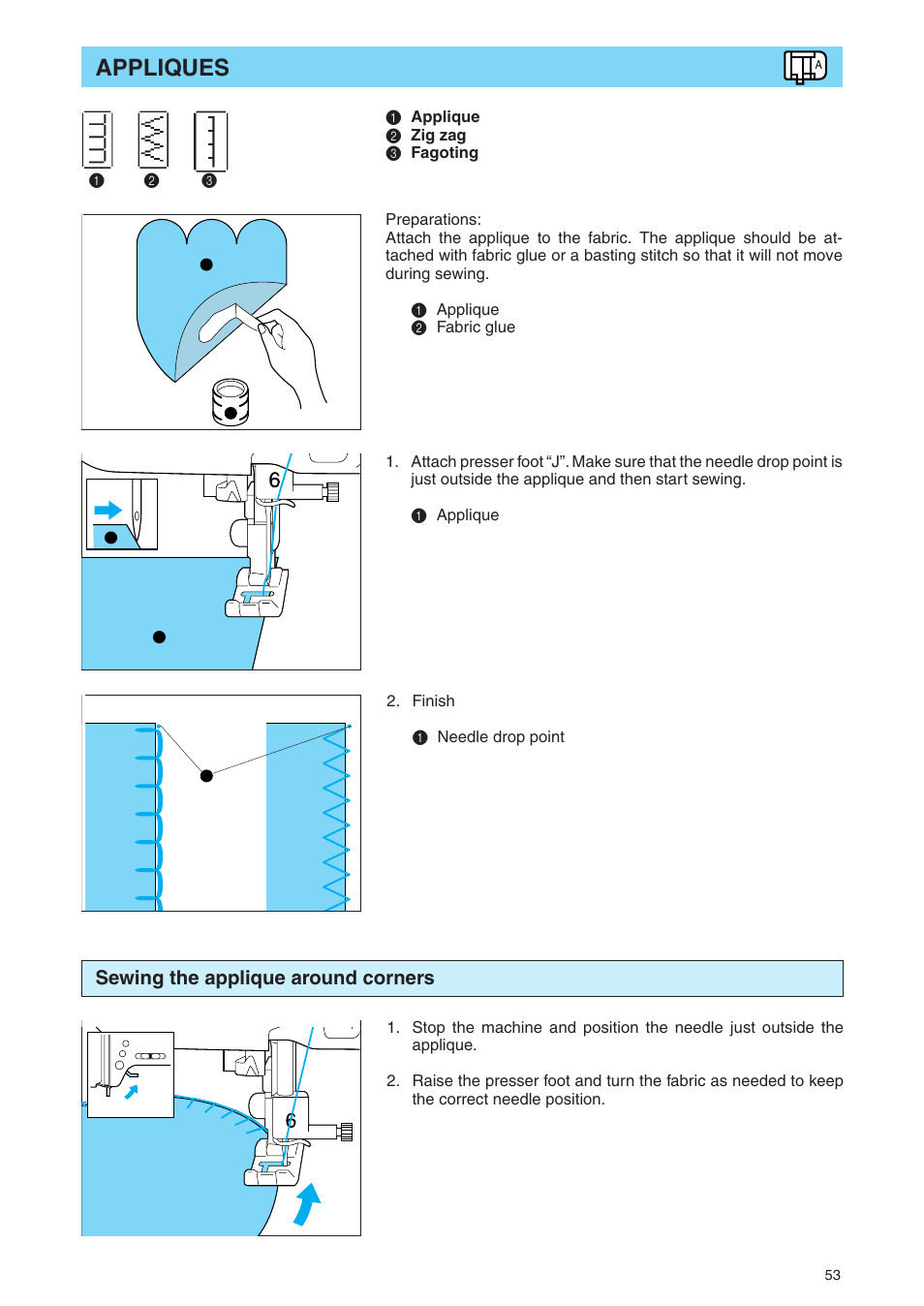Appliques, Sewing the applique around corners | Brother PE 400D User Manual | Page 56 / 112