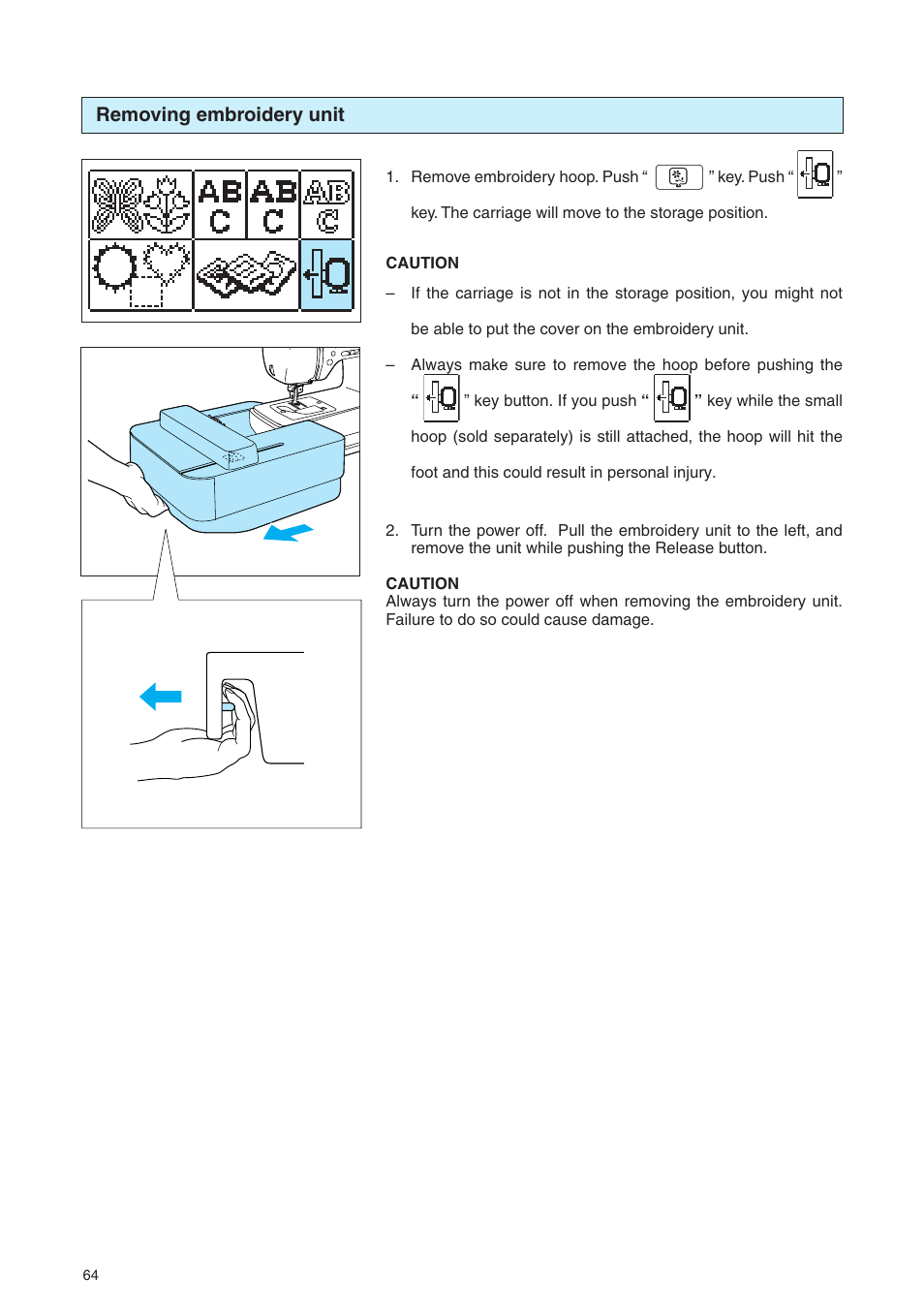 Removing embroidery unit | Brother PE 400D User Manual | Page 67 / 112