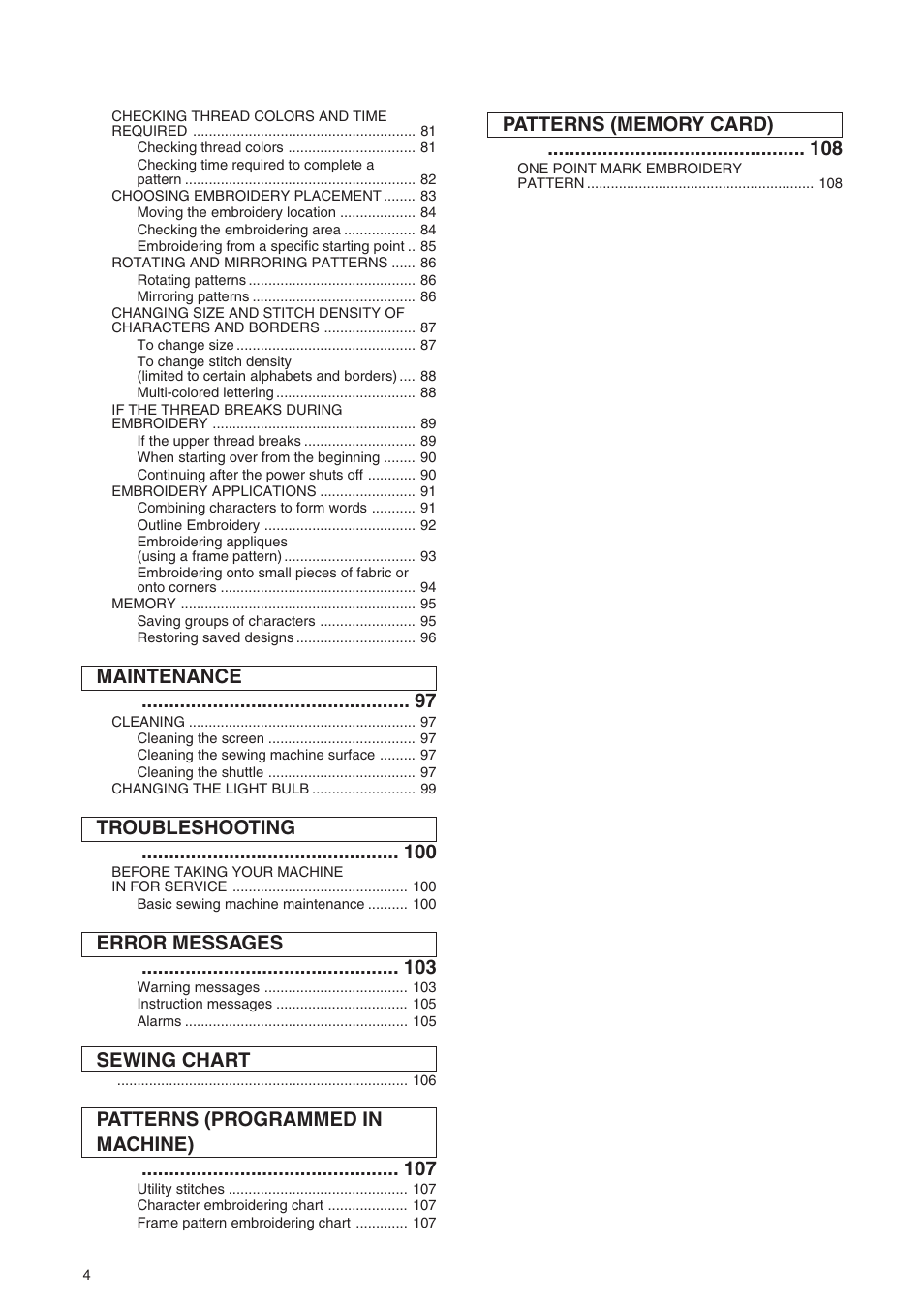 Maintenance, Troubleshooting, Error messages | Sewing chart, Patterns (programmed in machine) | Brother PE 400D User Manual | Page 7 / 112