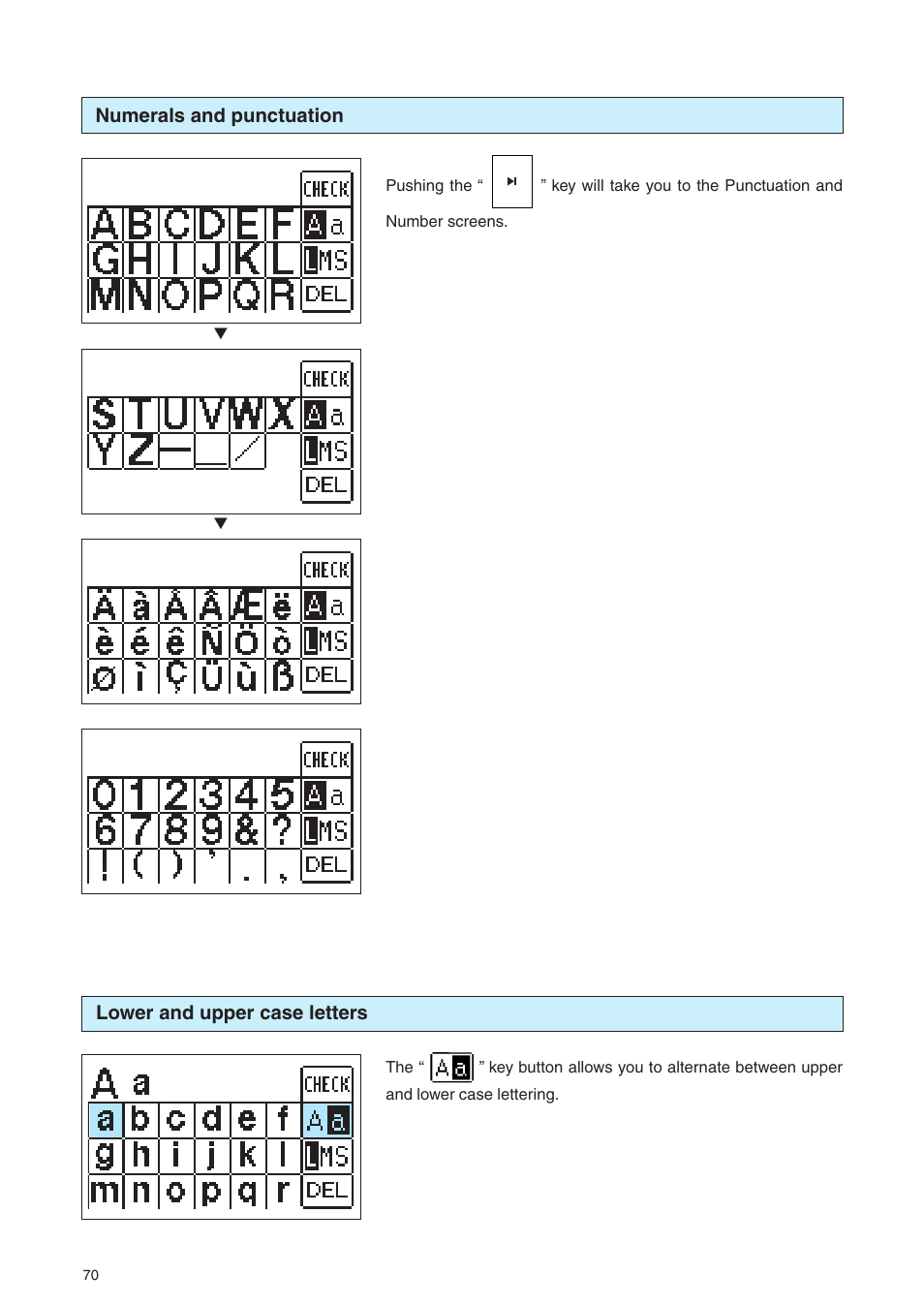 Numerals and punctuation, Lower and upper case letters | Brother PE 400D User Manual | Page 73 / 112