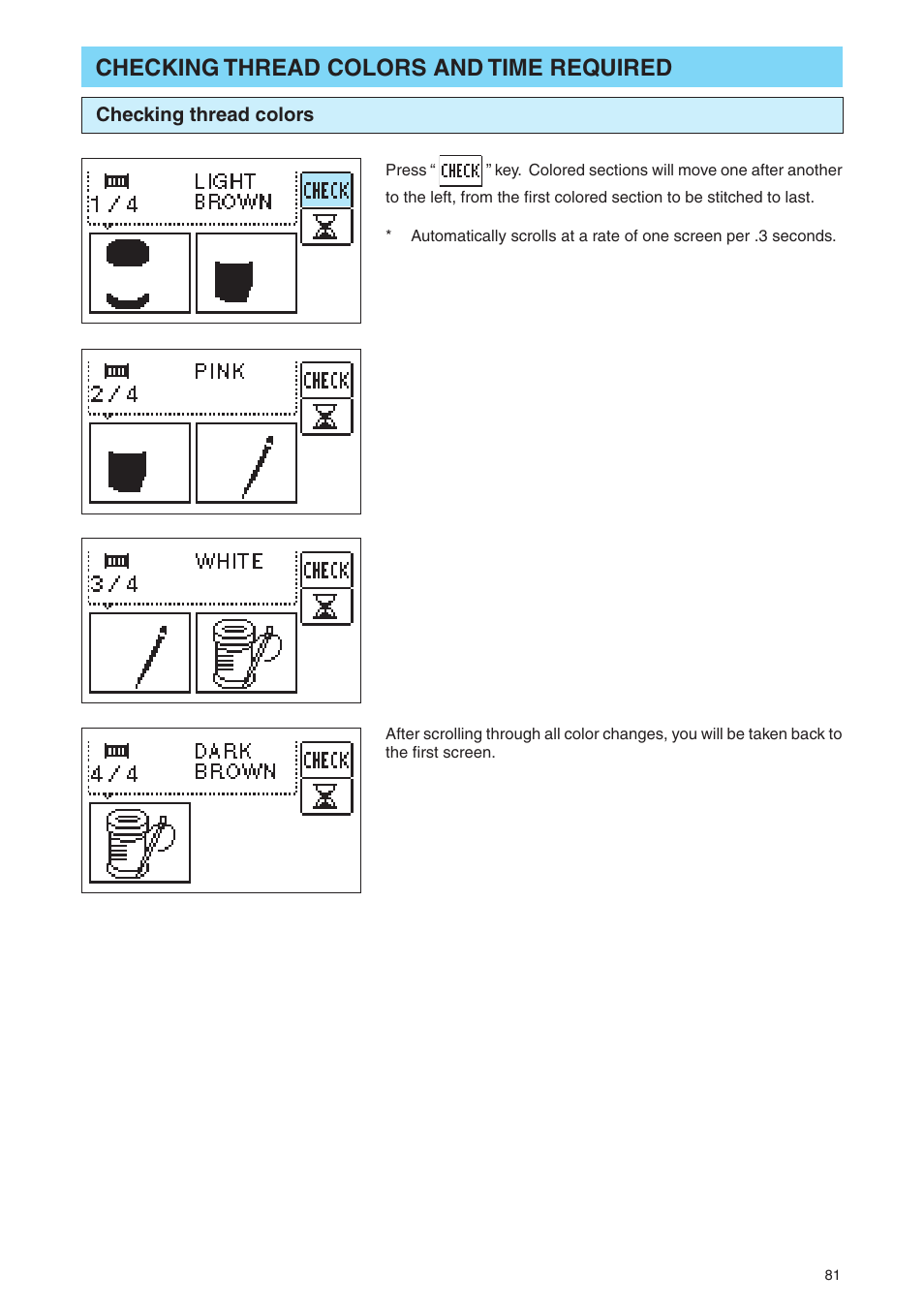 Checking thread colors and time required | Brother PE 400D User Manual | Page 84 / 112