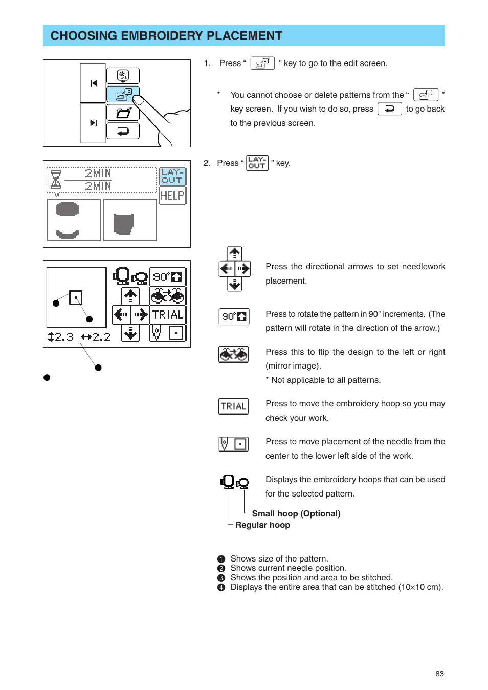 Choosing embroidery placement | Brother PE 400D User Manual | Page 86 / 112