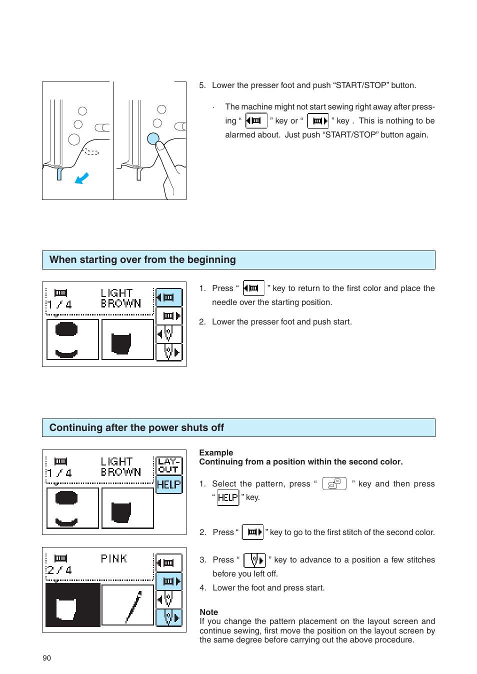 When starting over from the beginning, Continuing after the power shuts off | Brother PE 400D User Manual | Page 93 / 112