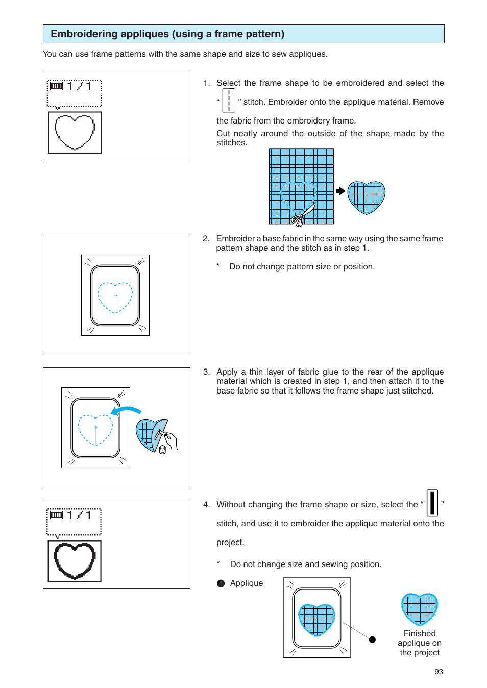 Embroidering appliques (using a frame pattern) | Brother PE 400D User Manual | Page 96 / 112