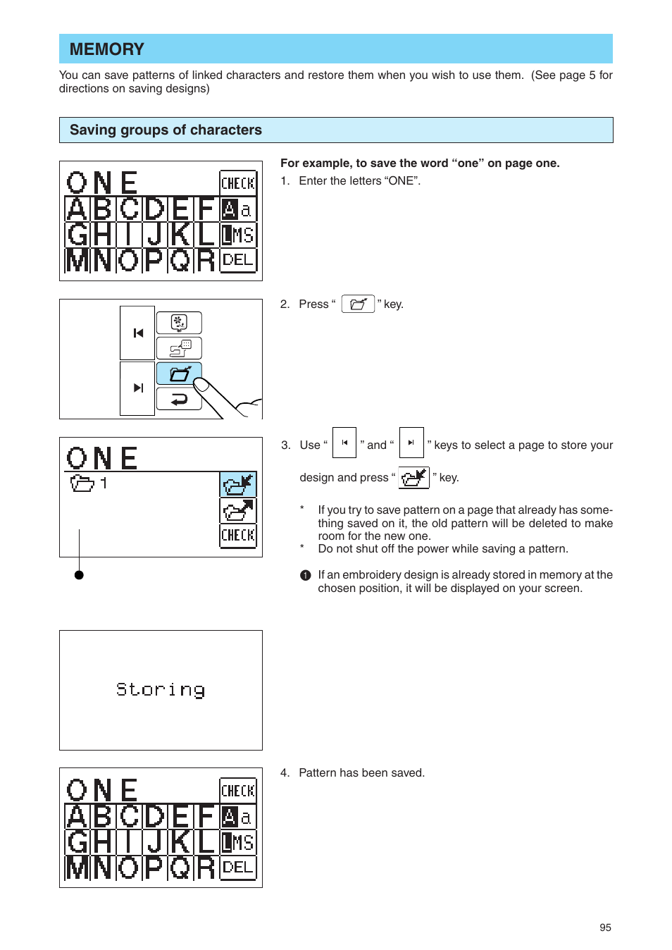 Saving groups of characters | Brother PE 400D User Manual | Page 98 / 112