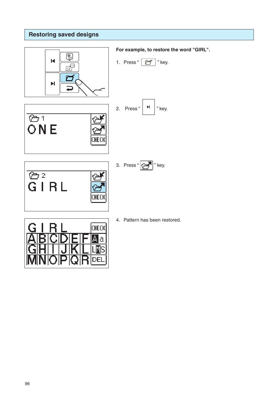 Restoring saved designs | Brother PE 400D User Manual | Page 99 / 112