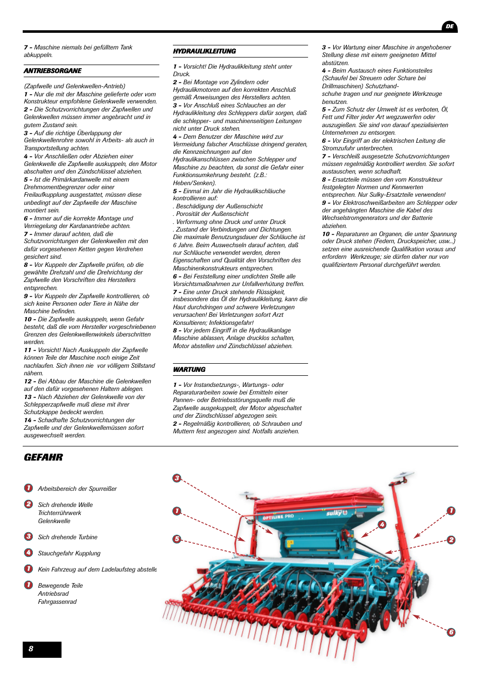 Gefahr | Sulky Optiline Pro User Manual | Page 10 / 103