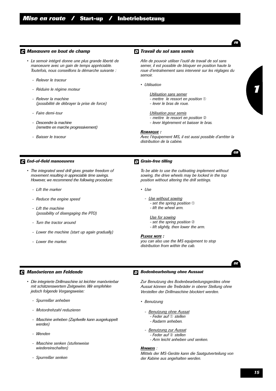 Mise en route, Start-up, Inbetriebsetzung | Sulky Optiline Pro User Manual | Page 17 / 103