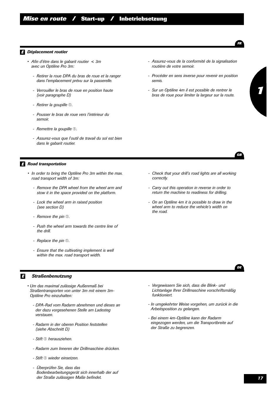 Mise en route, Start-up, Inbetriebsetzung | Sulky Optiline Pro User Manual | Page 19 / 103