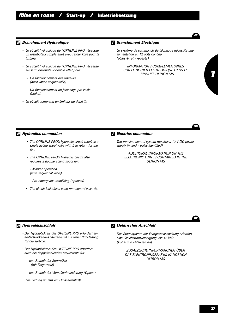 Mise en route, Start-up, Inbetriebsetzung | Sulky Optiline Pro User Manual | Page 29 / 103