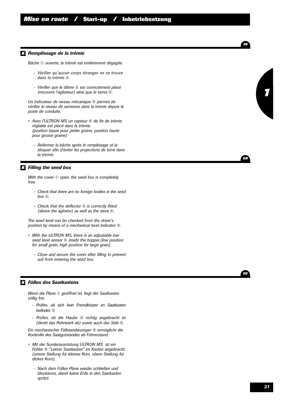 Mise en route, Start-up, Inbetriebsetzung | Sulky Optiline Pro User Manual | Page 33 / 103