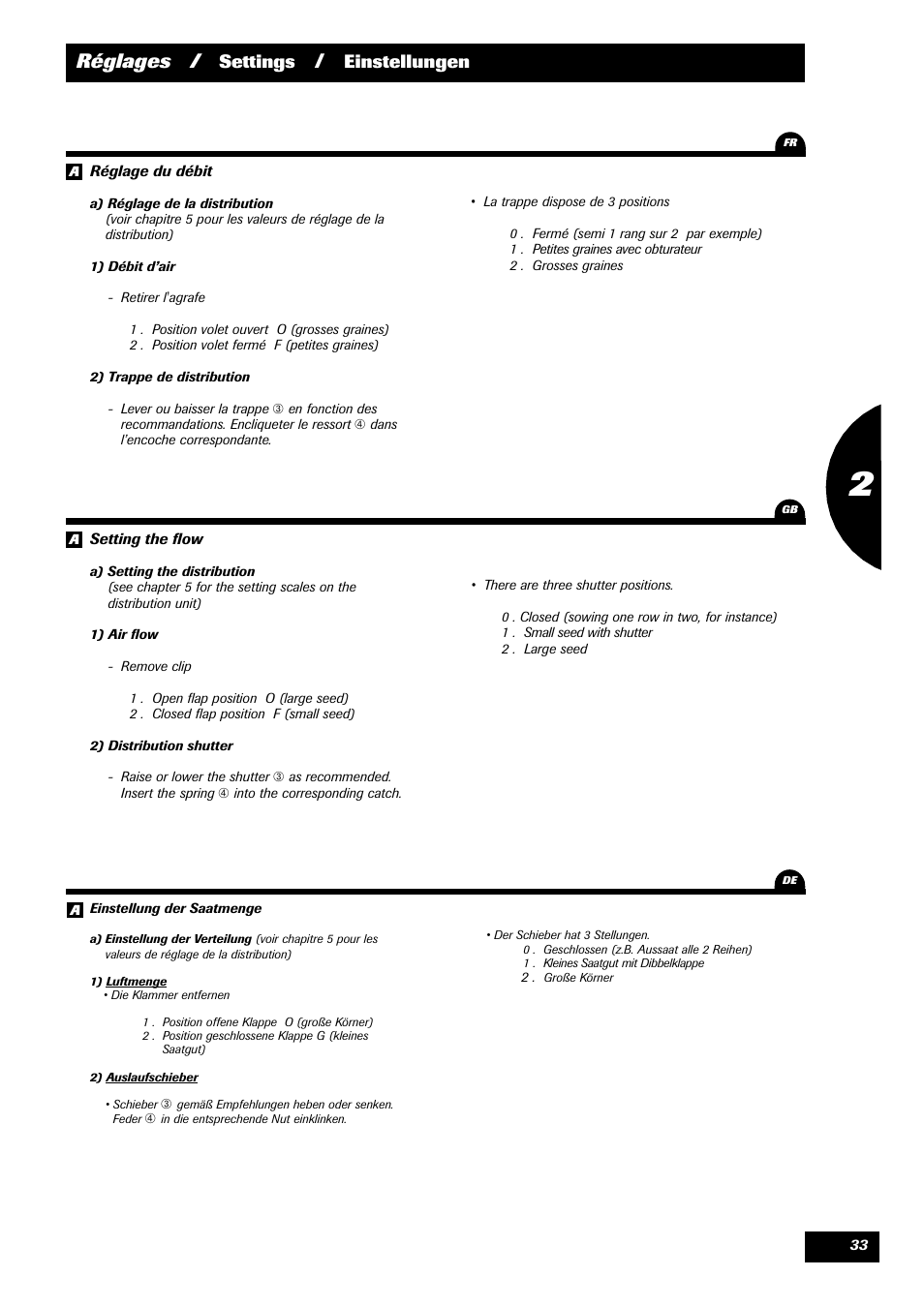 Réglages, Settings, Einstellungen | Sulky Optiline Pro User Manual | Page 35 / 103