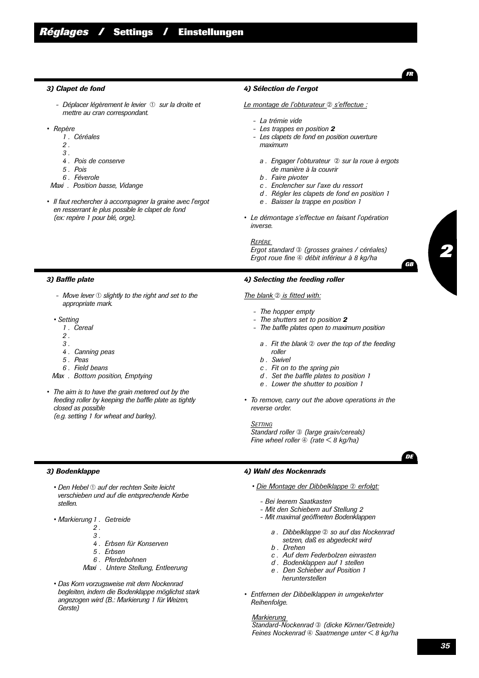 Réglages, Settings, Einstellungen | Sulky Optiline Pro User Manual | Page 37 / 103