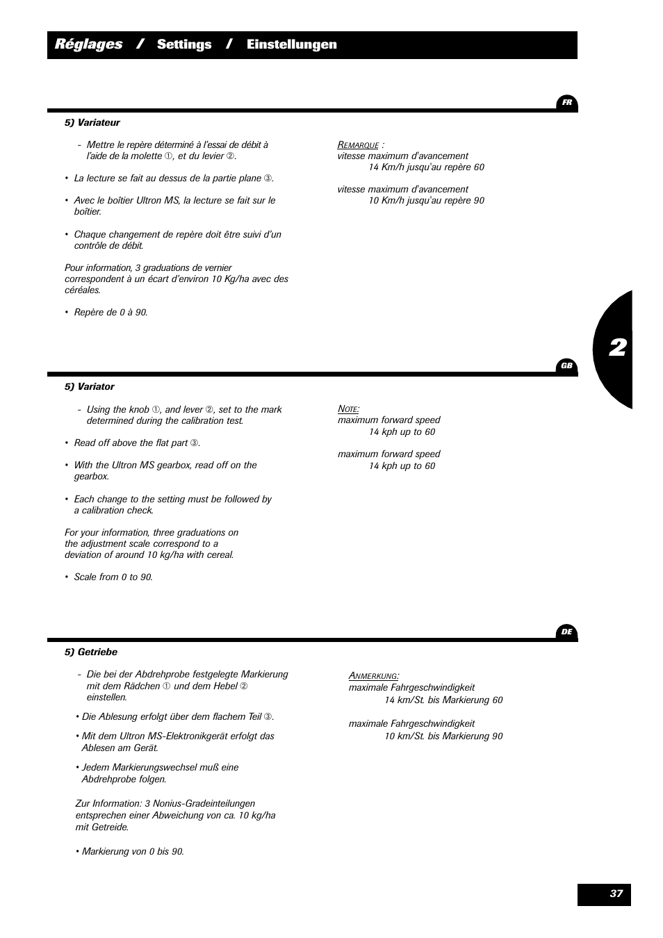 Réglages, Settings, Einstellungen | Sulky Optiline Pro User Manual | Page 39 / 103