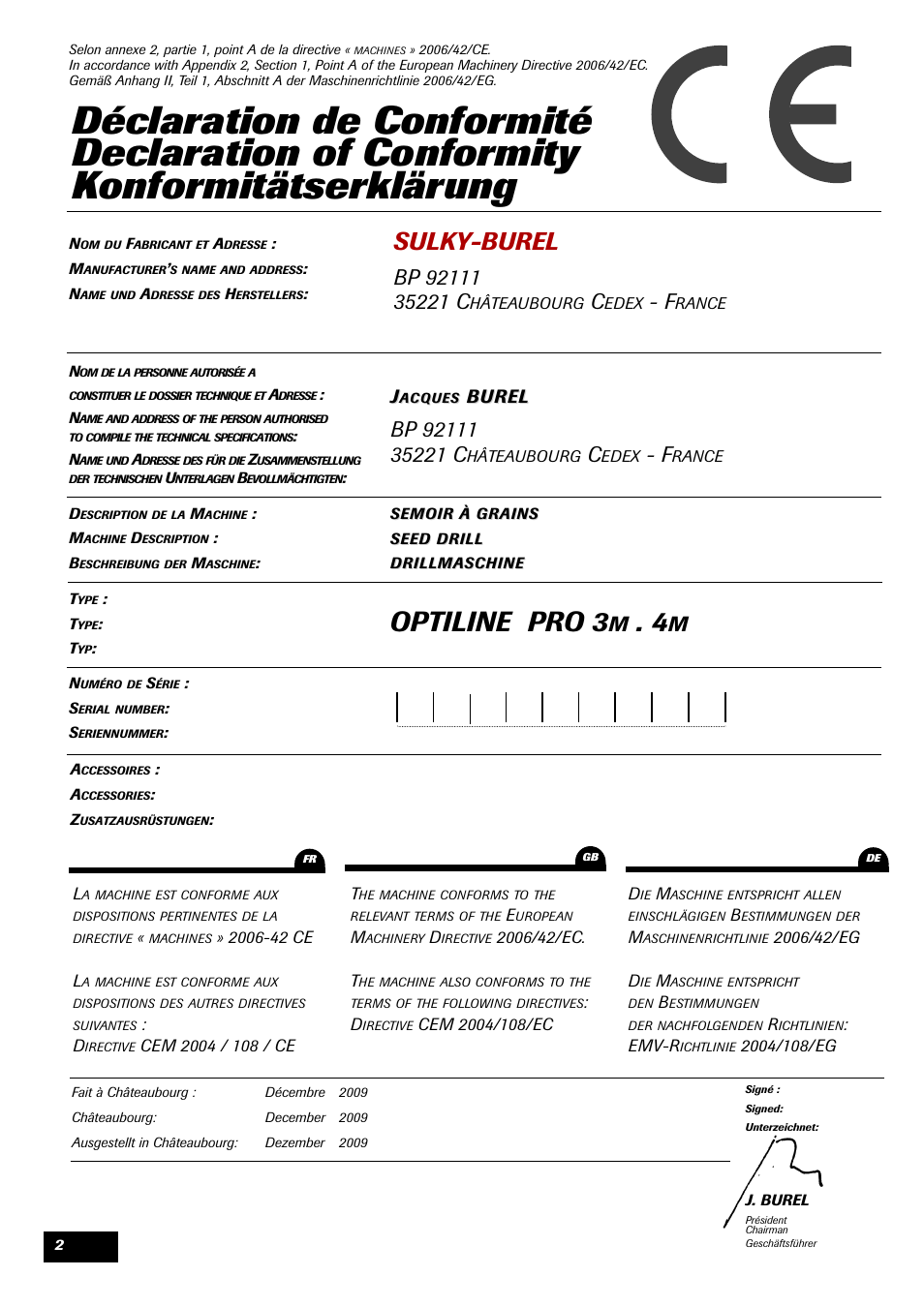 Optiline pro 3, Sulky-burel, Burel | Sulky Optiline Pro User Manual | Page 4 / 103