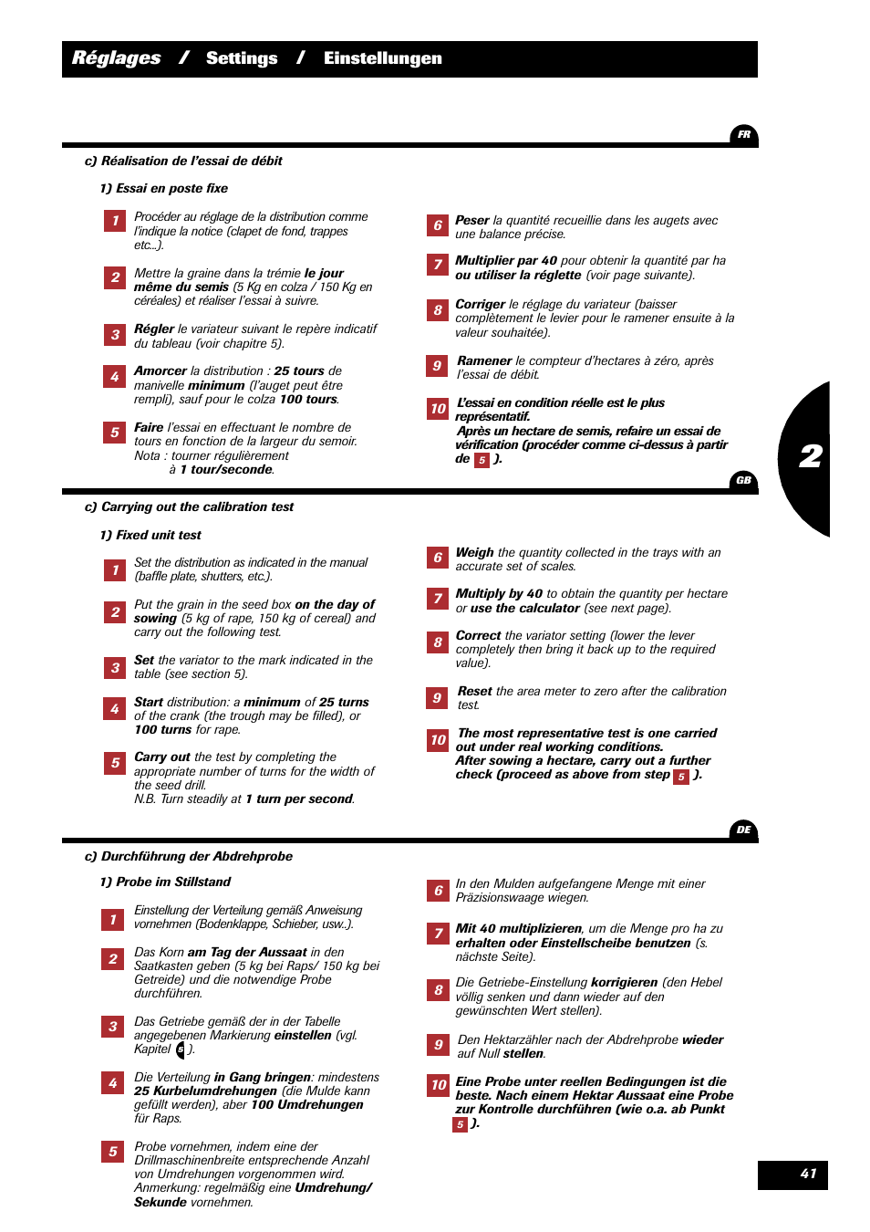 Réglages, Settings, Einstellungen 1 | Sulky Optiline Pro User Manual | Page 43 / 103