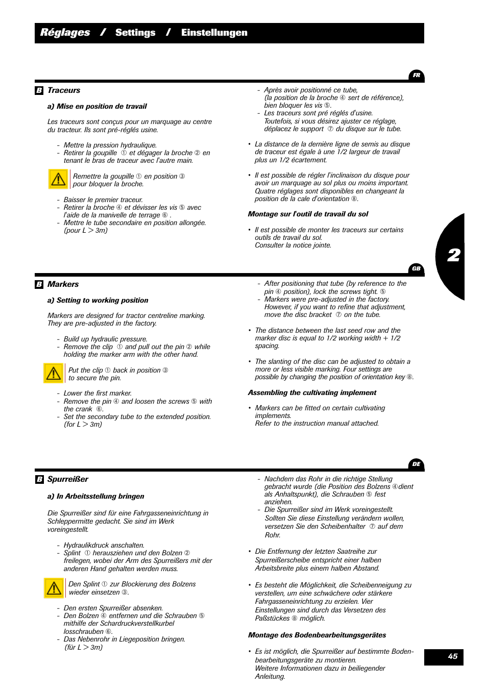 Réglages, Settings, Einstellungen | Sulky Optiline Pro User Manual | Page 47 / 103