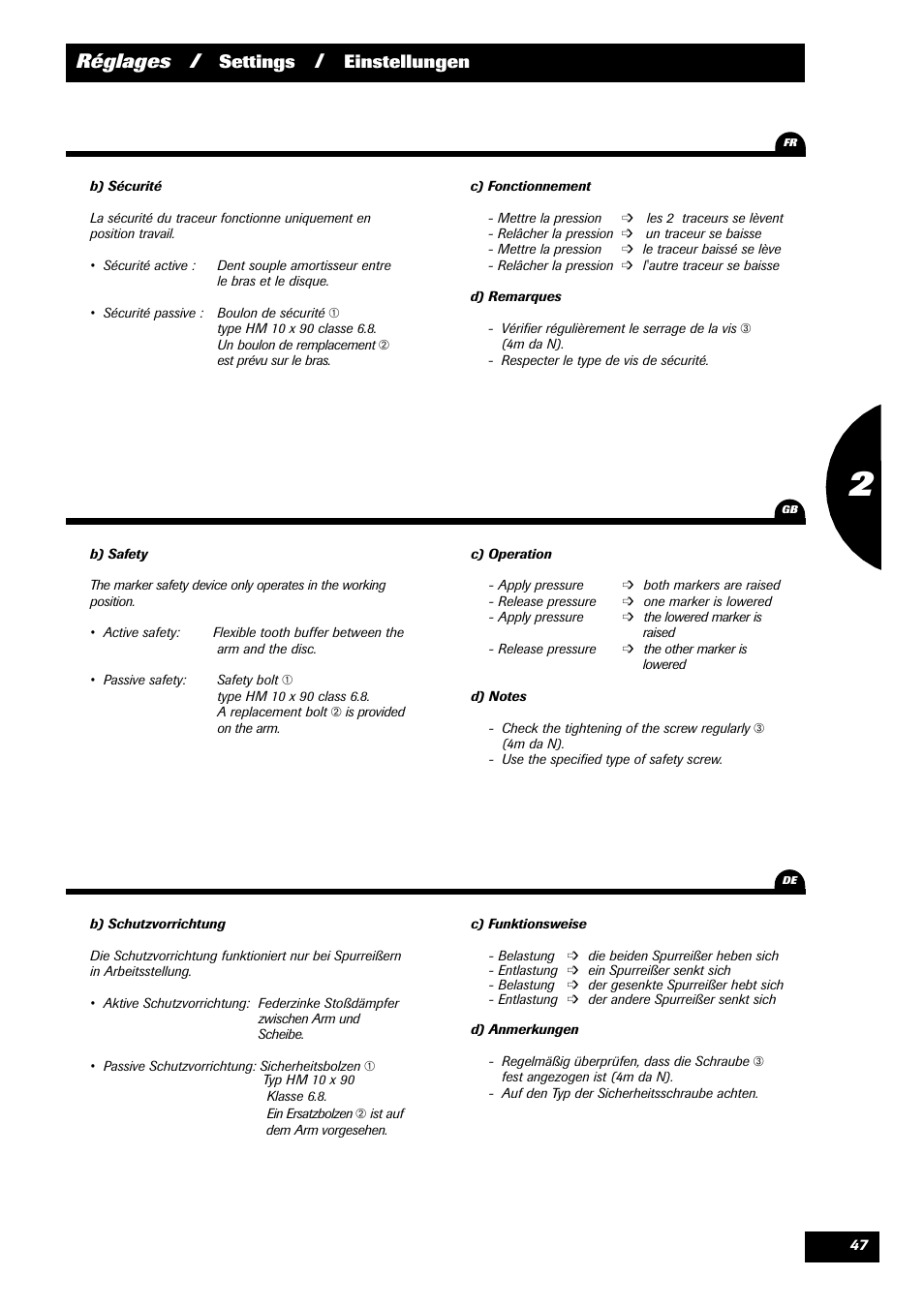 Réglages, Settings, Einstellungen | Sulky Optiline Pro User Manual | Page 49 / 103