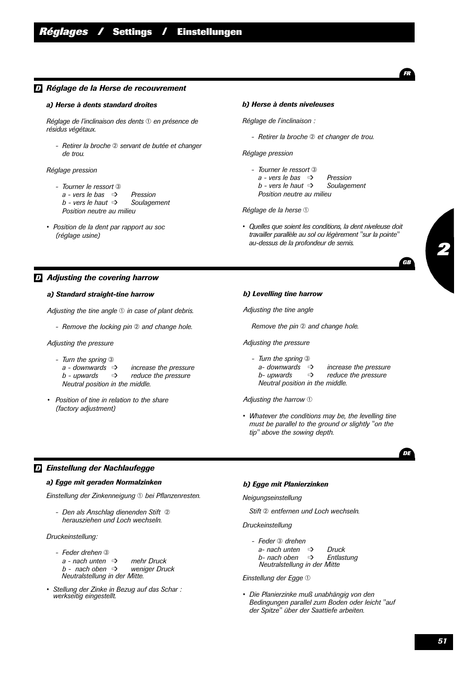 Réglages, Settings, Einstellungen | Sulky Optiline Pro User Manual | Page 53 / 103