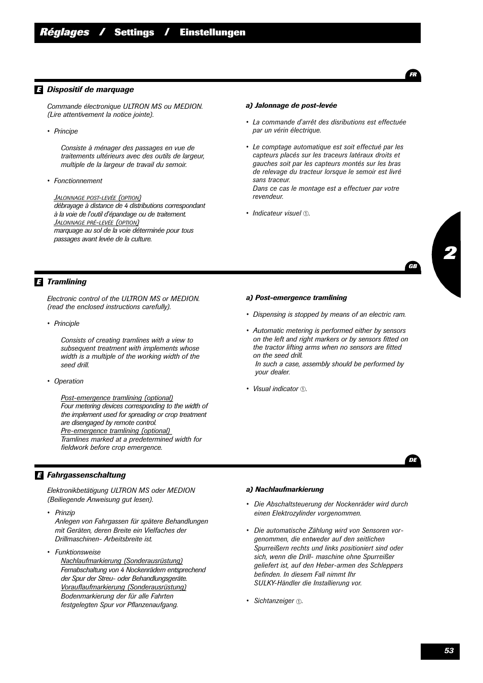 Réglages, Settings, Einstellungen | Sulky Optiline Pro User Manual | Page 55 / 103