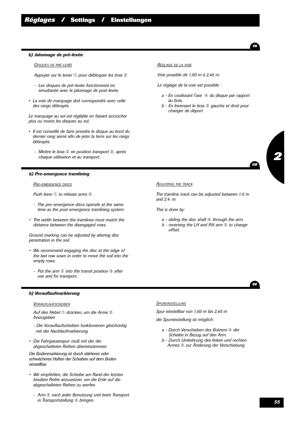 Réglages, Settings, Einstellungen | Sulky Optiline Pro User Manual | Page 57 / 103