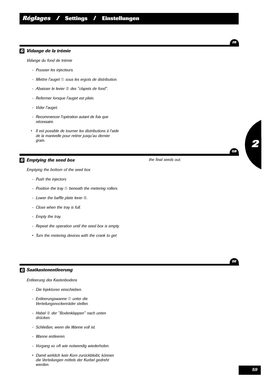 Réglages, Settings, Einstellungen | Sulky Optiline Pro User Manual | Page 61 / 103