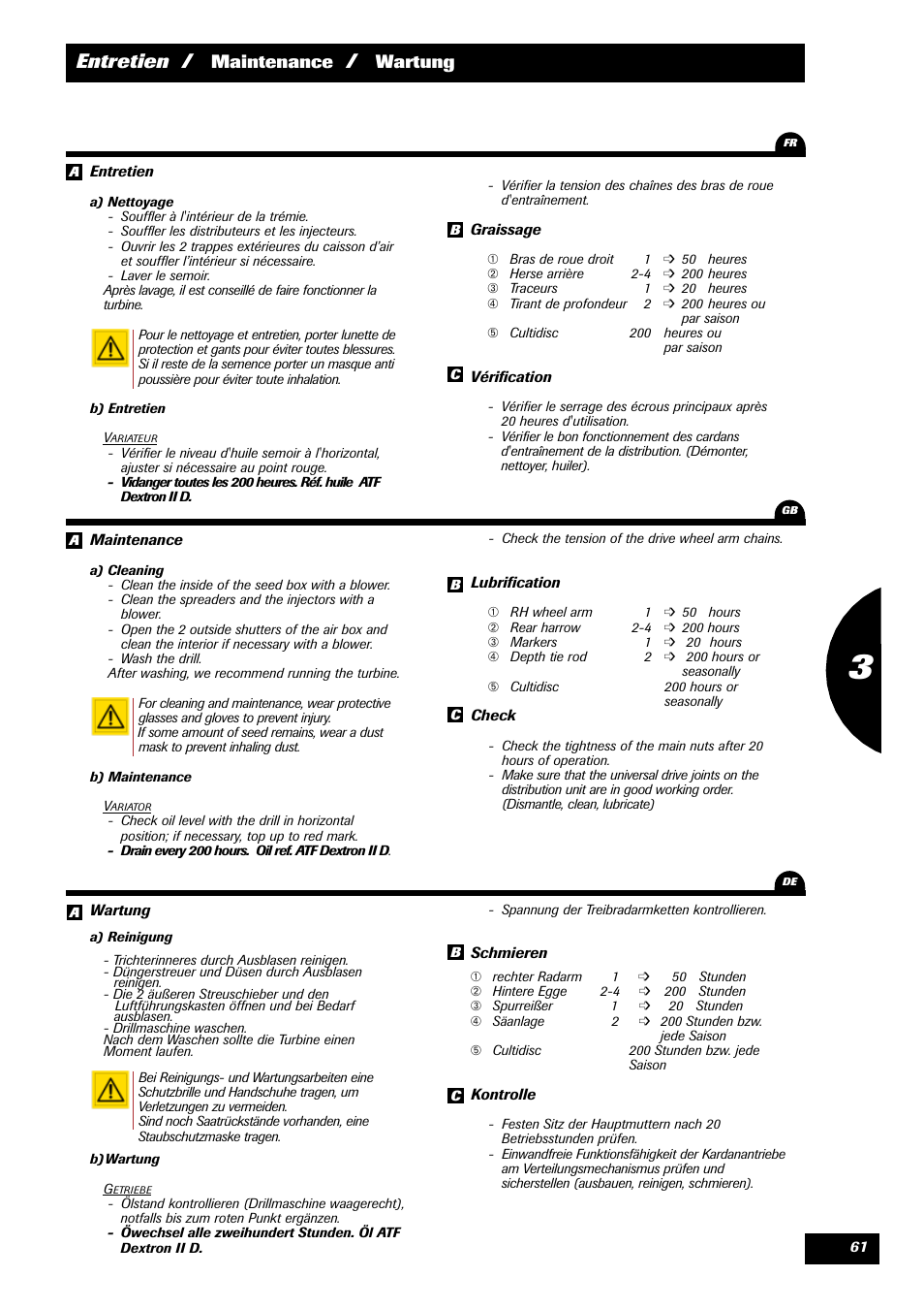 Entretien, Maintenance, Wartung | Sulky Optiline Pro User Manual | Page 63 / 103