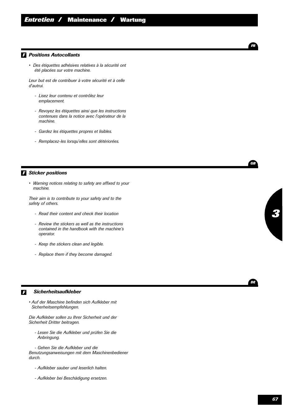 Entretien, Maintenance, Wartung | Sulky Optiline Pro User Manual | Page 69 / 103