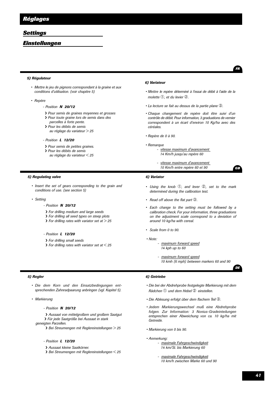 Réglages settings einstellungen | Sulky Reguline SPI User Manual | Page 43 / 111