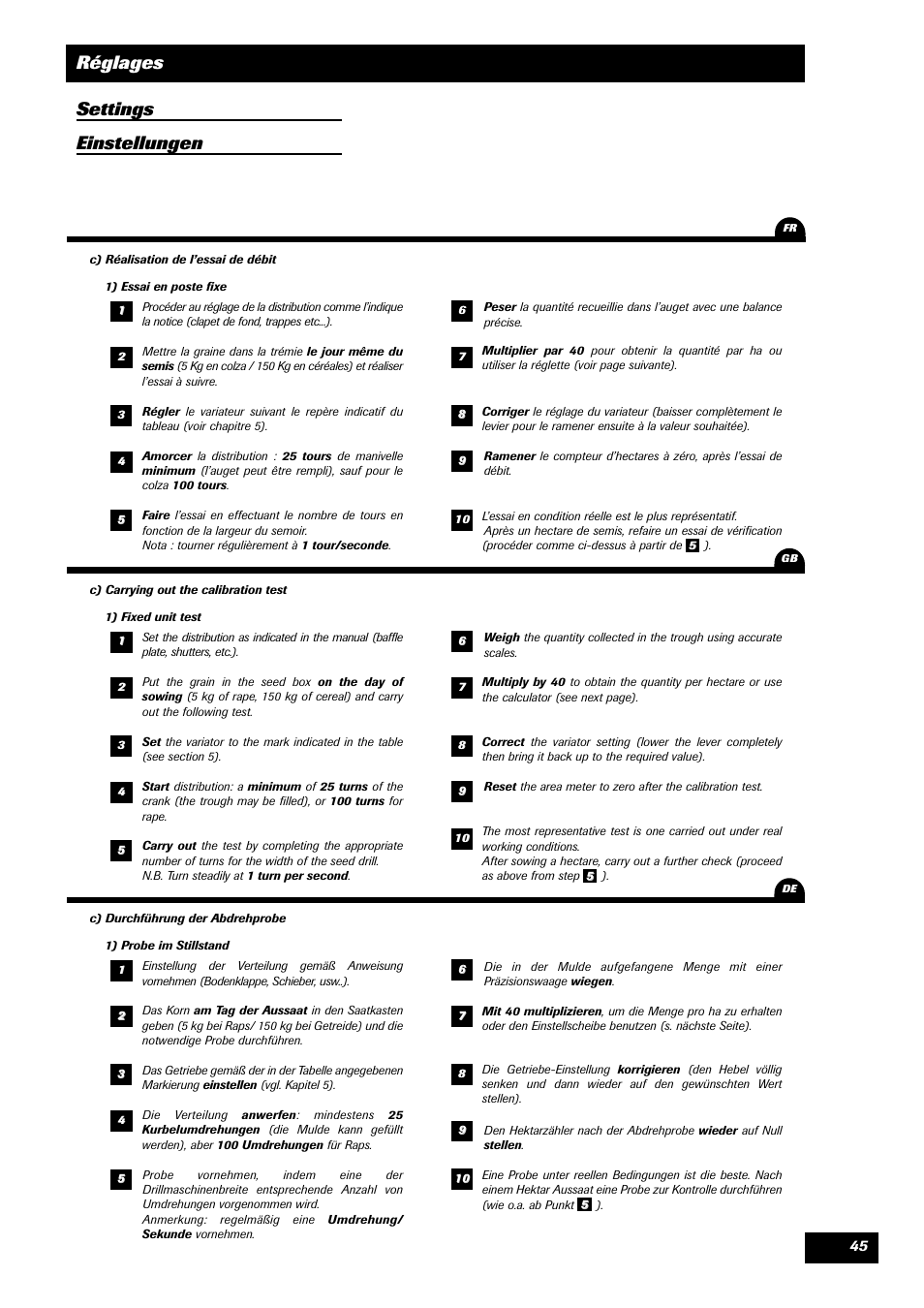 Réglages settings einstellungen | Sulky Reguline SPI User Manual | Page 47 / 111