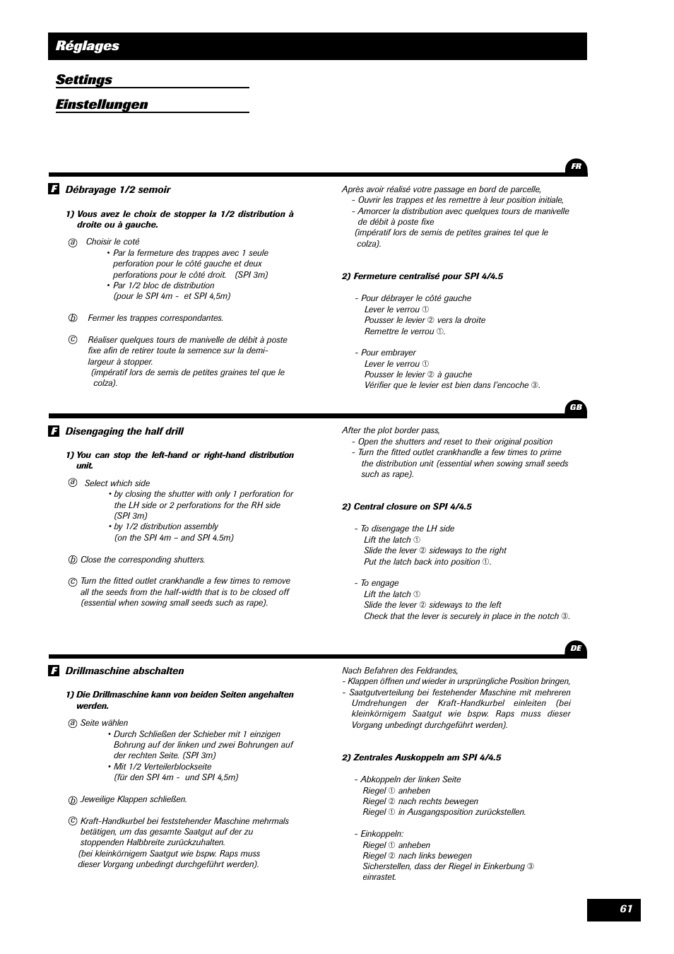 Réglages settings einstellungen | Sulky Reguline SPI User Manual | Page 63 / 111