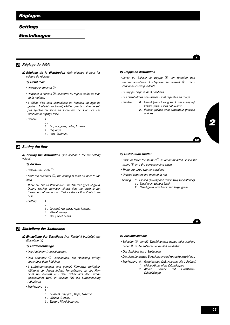 Réglages settings einstellungen | Sulky SPI Regul-line User Manual | Page 43 / 94