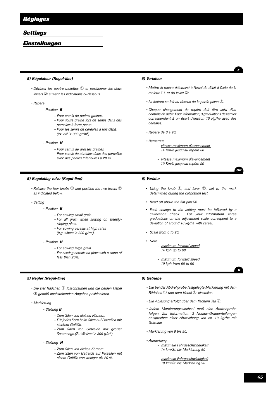 Réglages settings einstellungen | Sulky SPI Regul-line User Manual | Page 47 / 94