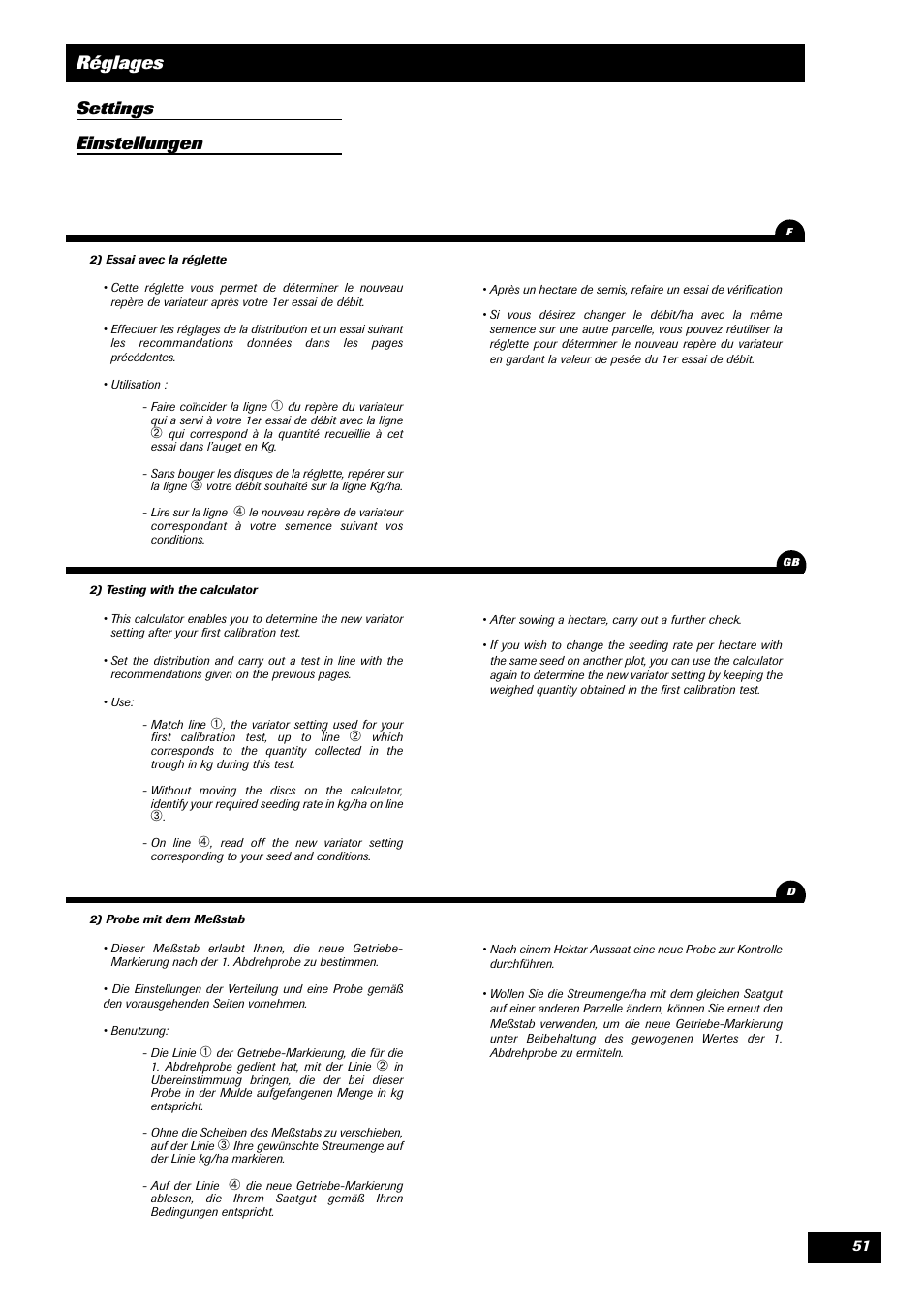 Réglages settings einstellungen | Sulky SPI Regul-line User Manual | Page 53 / 94
