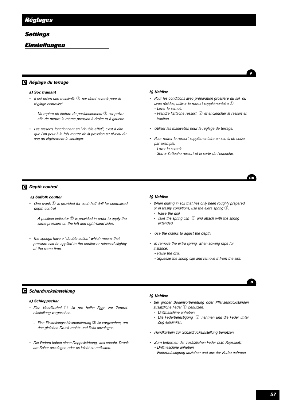 Réglages settings einstellungen | Sulky SPI Regul-line User Manual | Page 59 / 94