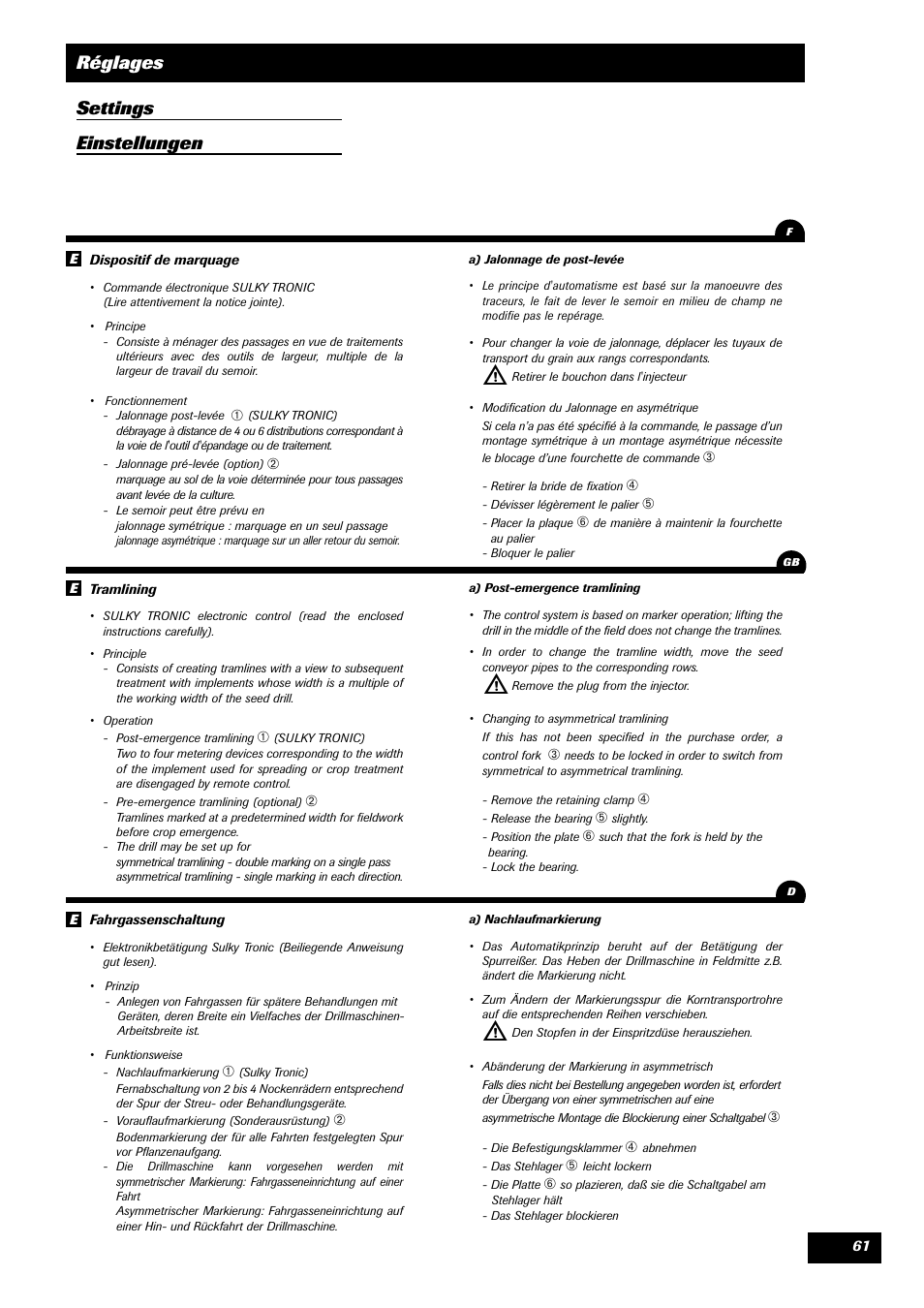 Réglages settings einstellungen | Sulky SPI Regul-line User Manual | Page 63 / 94