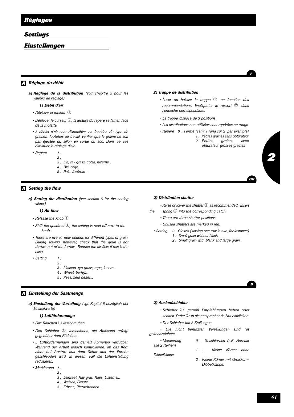 Réglages settings einstellungen | Sulky SPL User Manual | Page 43 / 98