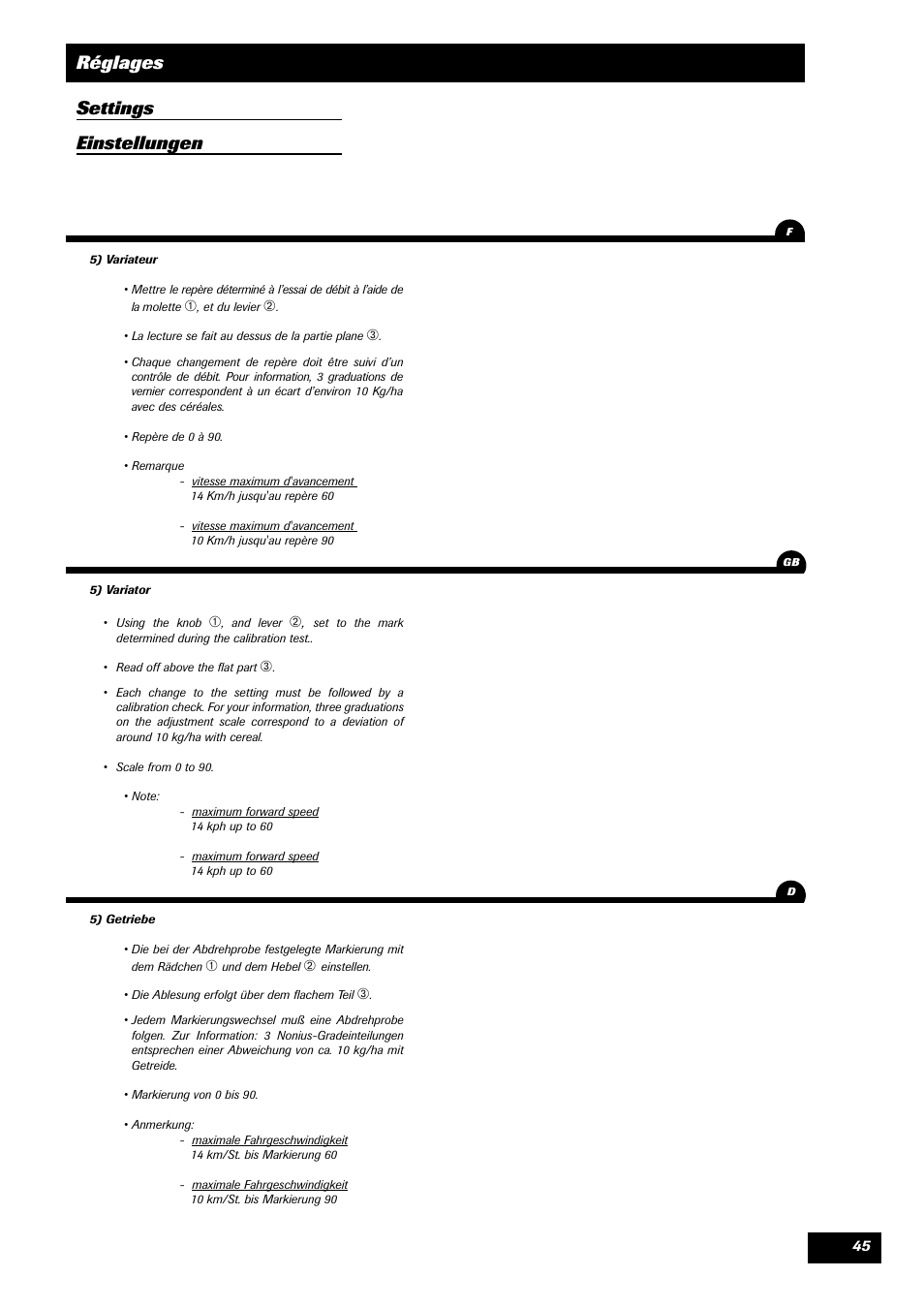 Réglages settings einstellungen | Sulky SPL User Manual | Page 47 / 98