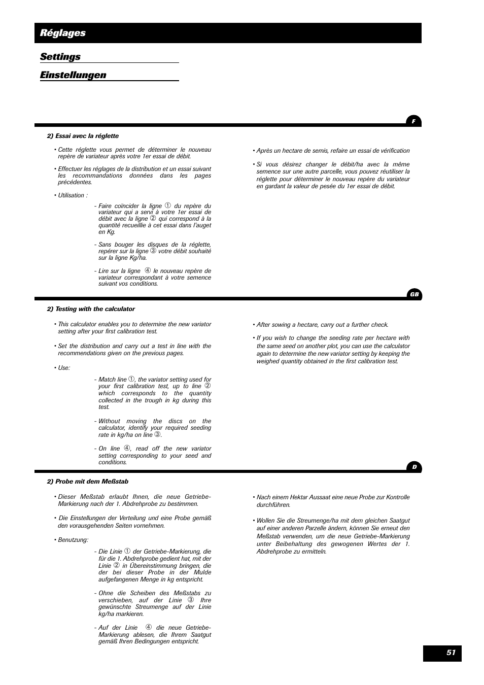 Réglages settings einstellungen | Sulky SPL User Manual | Page 53 / 98